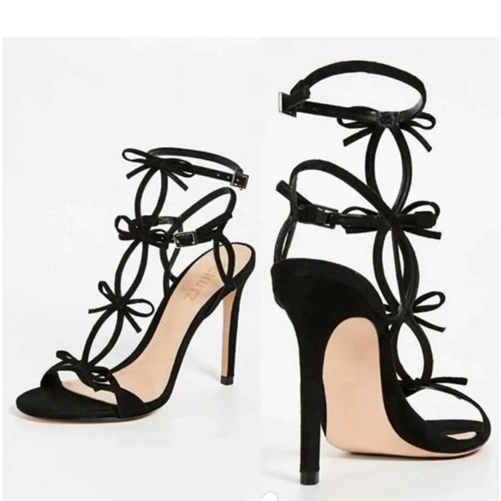 Elegant Black Strappy Heels with Bow Accents